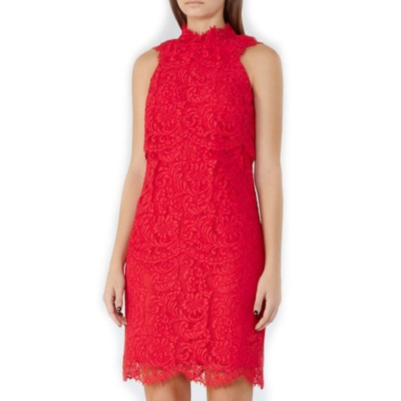 REISS Sophia High Neck Red Tiered Lace Dress - Picture 1 of 8